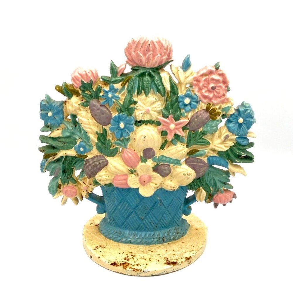 Vintage Cast Iron Painted Floral Doorstop‎ Basket of Flowers Colorful Bouquet